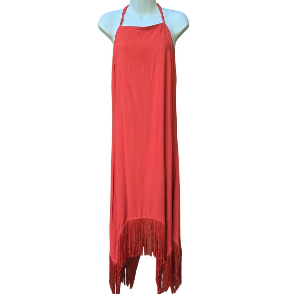 Cato Boho Chic Coastal Cowgirl Asymmetric Handkerchief Fringe Hem Halter Dress M